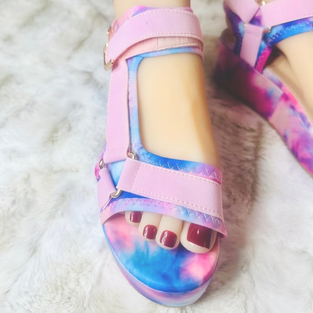 Pazzle Cotton Candy Platform Tie Dye Pink Harness Strap Sandals - Picture 6 of 9